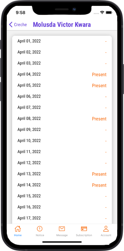 Iphone view daily attendance for a month